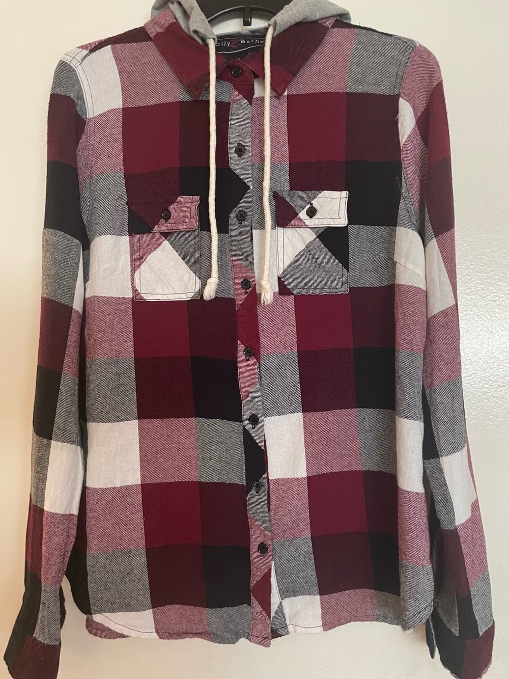 Polly & Esther Men's Burgundy, Black and Gray Plaid Button-Down Shirt with Hood